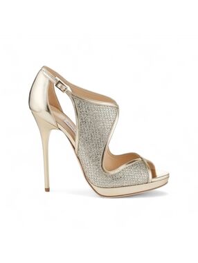 Jimmy Choo Leondra 120 Gold Glitter Ankle Strap Sandals Size 40 Evening Heels